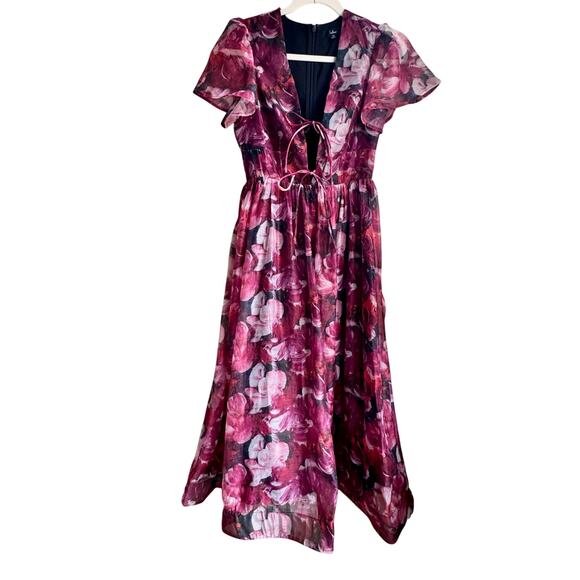 Lulus RSVP Magenta Floral Organza Tie-Front Midi Dress XS Cocktail Semi Formal - Picture 3 of 8